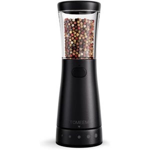A sleek black rechargeable spice grinder with a transparent top section filled with multi-color peppercorns. It features an ergonomic design with a button for easy operation, and indicator markings at the base for adjustable grinding levels.