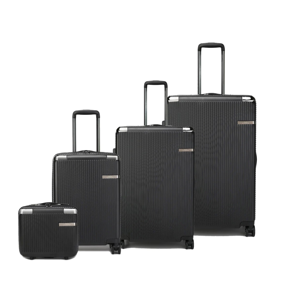 The 4pc MKF Spinner Luggage Set features four dark-colored suitcases of varying sizes, each with a sleek, textured surface, telescopic handles, and swivel wheels, designed for easy maneuverability and stylish travel.