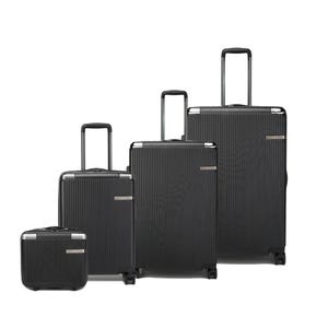 The 4pc MKF Spinner Luggage Set features four dark-colored suitcases of varying sizes, each with a sleek, textured surface, telescopic handles, and swivel wheels, designed for easy maneuverability and stylish travel.