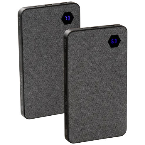 Two portable power banks with a fabric exterior and digital displays showing battery levels of 73% and 63%.