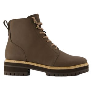 A brown lace-up ankle boot with a chunky sole and pull tab at the heel, featuring contrasting stitching above the sole.