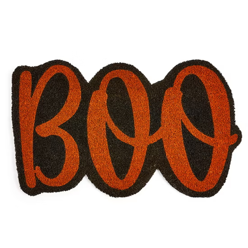 Orange and black doormat with the word \“Boo\“ in decorative script, ideal for Halloween-themed decor.