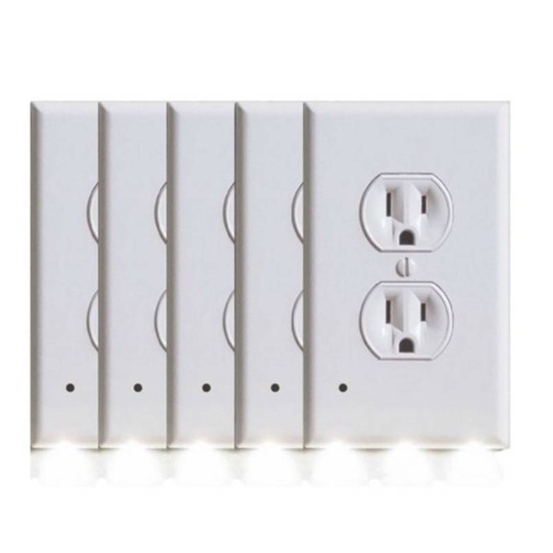 5-pack of white outlet cover night lights with integrated LEDs at the bottom, providing soft illumination without obstructing outlet access.