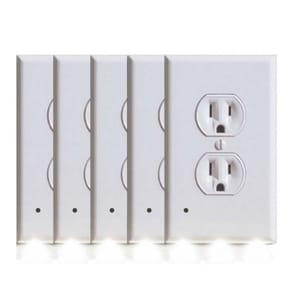5-pack of white outlet cover night lights with integrated LEDs at the bottom, providing soft illumination without obstructing outlet access.