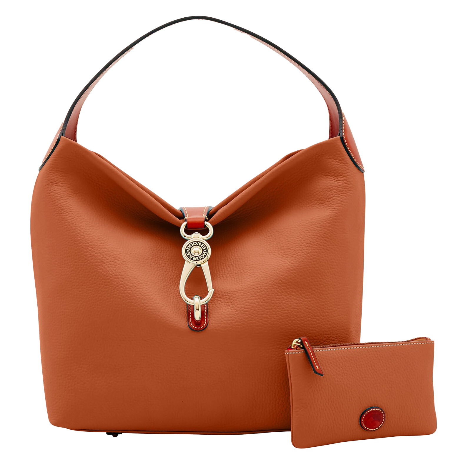 A brown leather shoulder bag with a gold clasp and an accompanying small pouch. Both feature a smooth texture and are adorned with red and gold detailing.