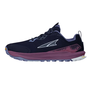 A navy and maroon trail running shoe with a sleek design, featuring a white logo and durable sole for outdoor activities.
