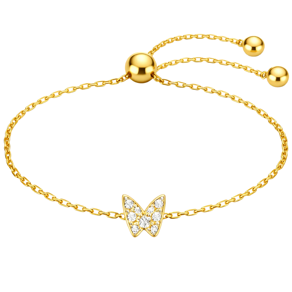 A gold chain bracelet featuring a butterfly charm adorned with small crystals, with an adjustable slider closure and two small gold beads at the ends of the chain.