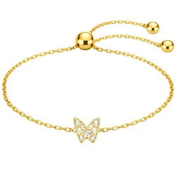 A gold chain bracelet featuring a butterfly charm adorned with small crystals, with an adjustable slider closure and two small gold beads at the ends of the chain.