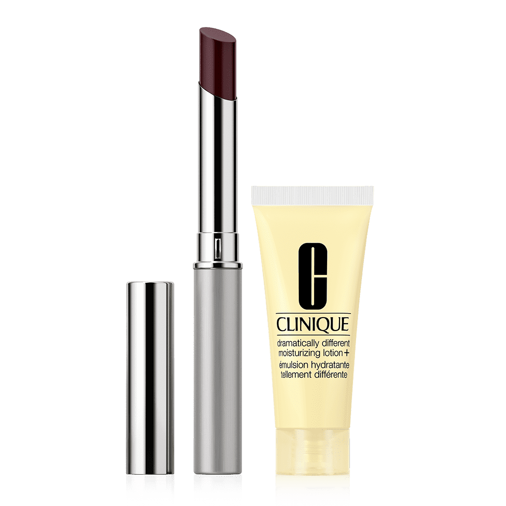 A dark plum lipstick with a silver tube and cap is next to a tube of Clinique Dramatically Different Moisturizing Lotion+.