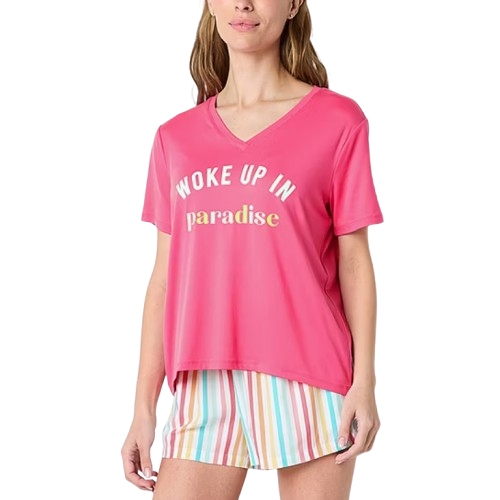 Pink short-sleeve pajama top with a V-neck, featuring the phrase \“Woke Up In Paradise\“ printed on the front in block letters. Paired with striped shorts in pastel colors.