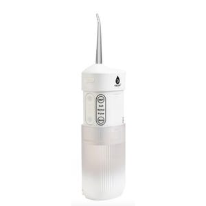 A cordless water flosser with a slim design features multiple modes: Soft, Normal, and Pulse. It includes buttons for on/off and mode selection.