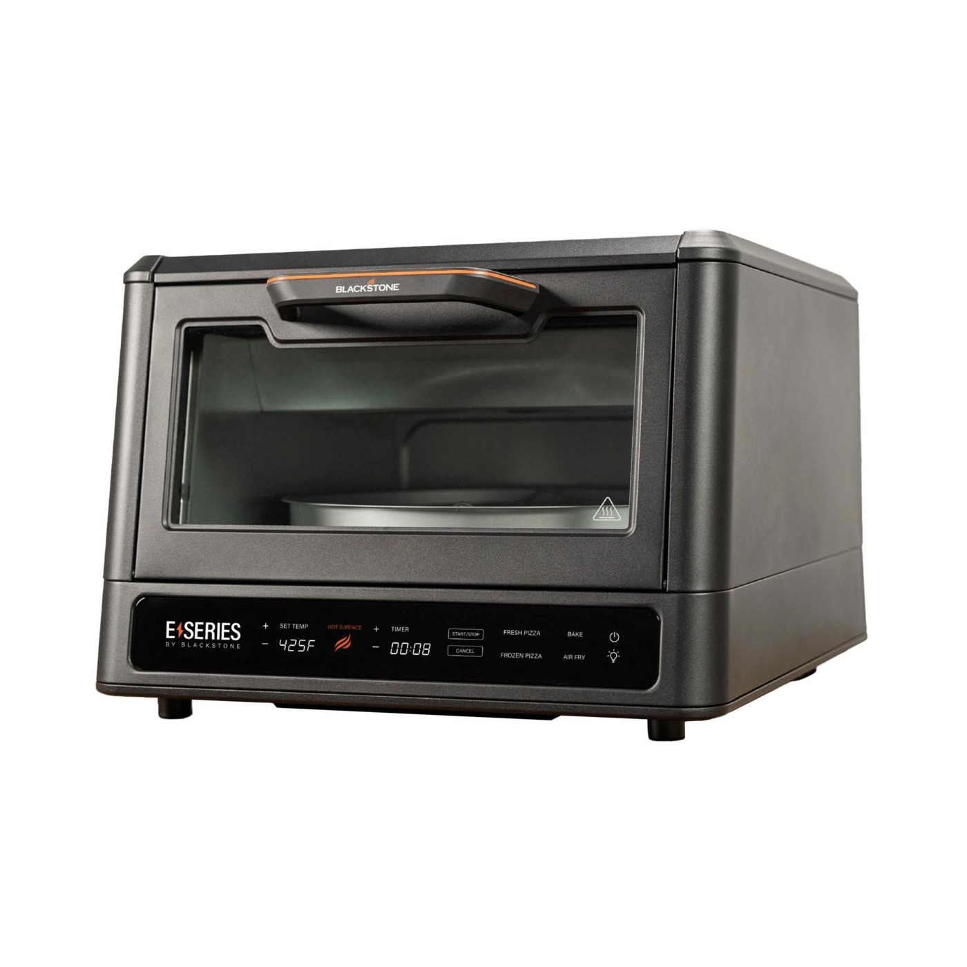 Blackstone Airfry Pizza Oven is a compact countertop appliance with a digital display, offering functions like baking, air frying, and making fresh or frozen pizza. It features a glass door and easy-to-use controls for temperature and timer settings.