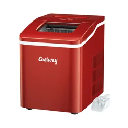 A red Costway portable ice maker with a viewing window, control panel, and side ventilation. Includes a transparent ice scoop and a few ice cubes.