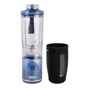 The Ninja Blast Max Portable Blender is a compact, blue blender with a clear container marked with measurement lines and comes with a detachable black cup. Ideal for smoothies and on-the-go blending.