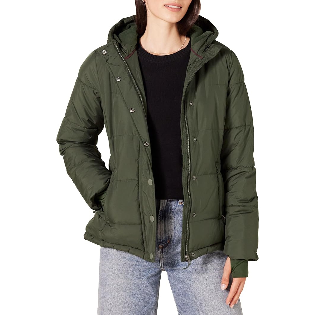 Olive green hooded jacket with button and zipper closure, paired with jeans.