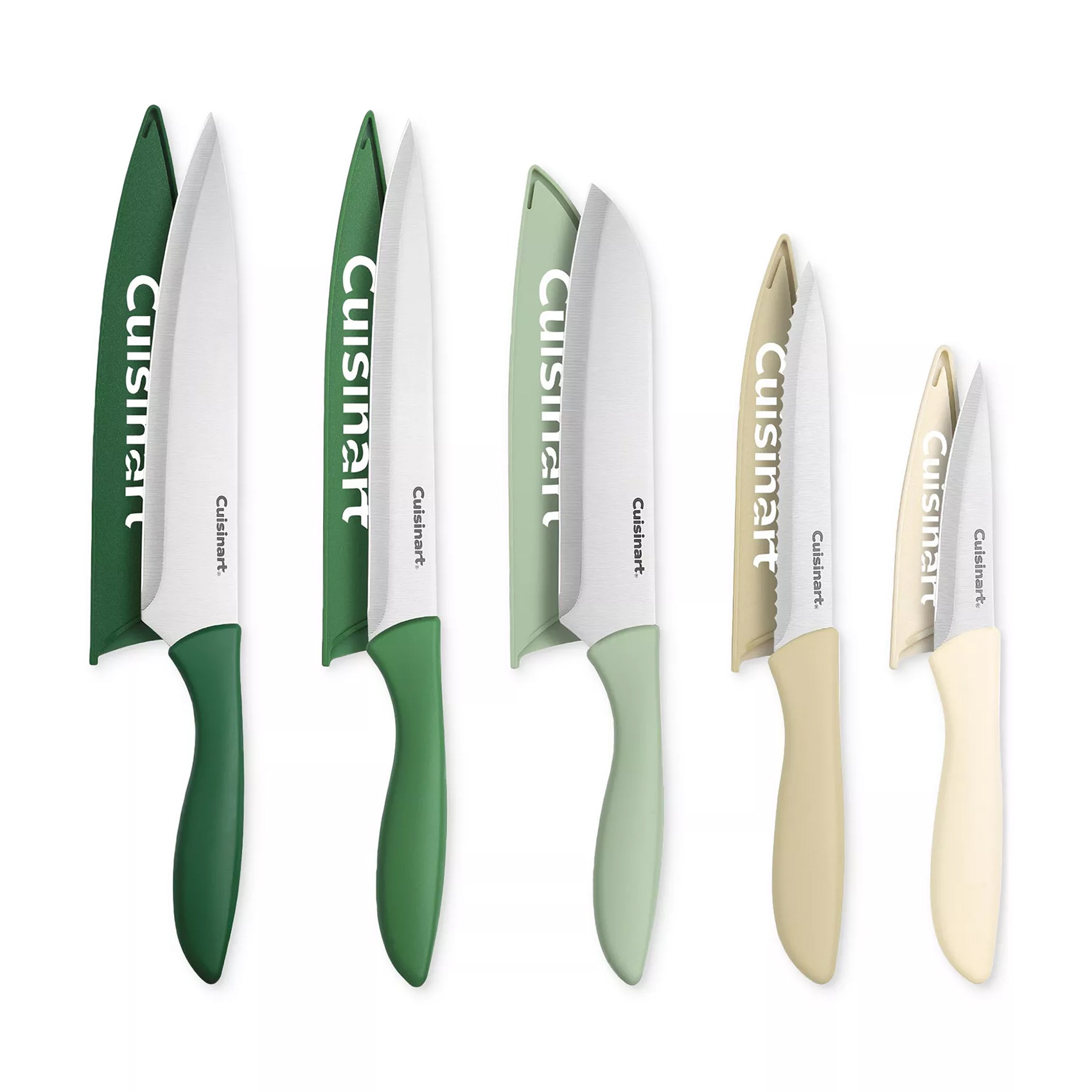 A set of Cuisinart knives with protective sheaths in various shades of green and beige, featuring ergonomic handles.