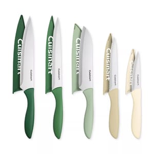 A set of Cuisinart knives with protective sheaths in various shades of green and beige, featuring ergonomic handles.