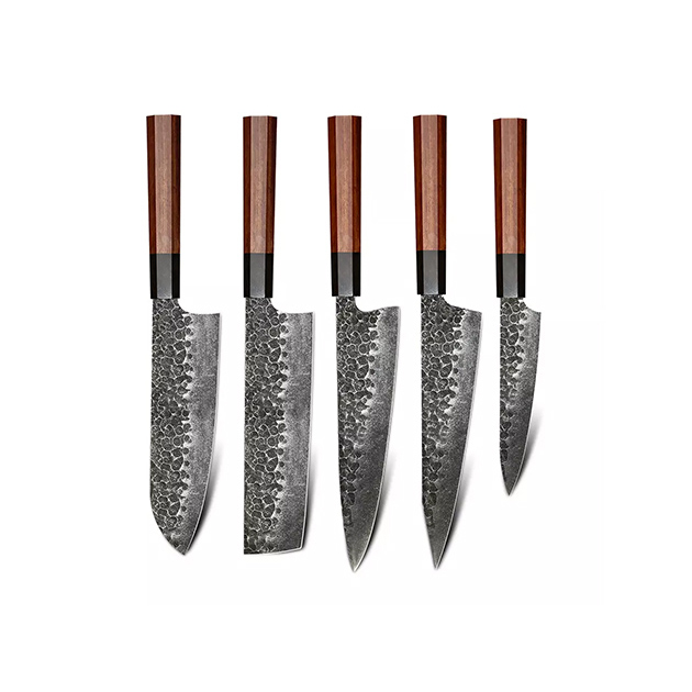 A set of five chef's knives with patterned metal blades and wooden handles.