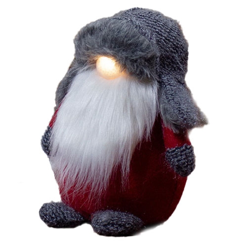A plush gnome figurine with a glowing nose, wearing a gray knit hat and mittens, and a long white beard.