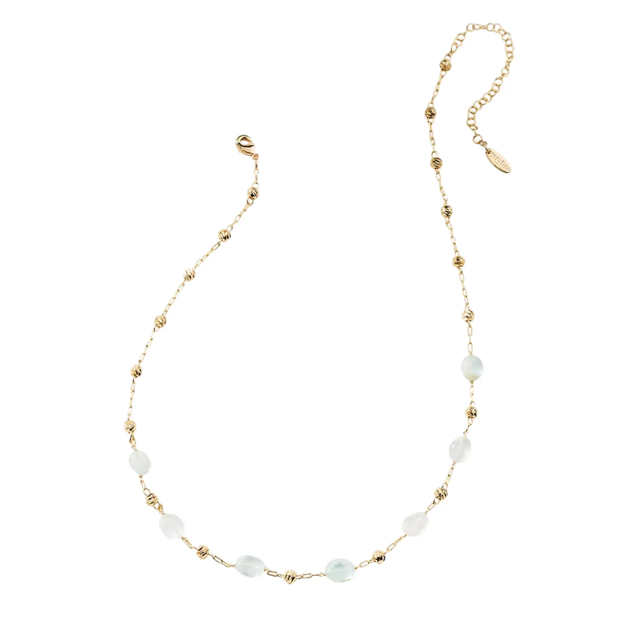 Gold chain necklace with aquamarine beads and lobster clasp closure.