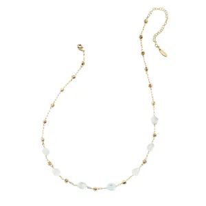 Gold chain necklace with aquamarine beads and lobster clasp closure.