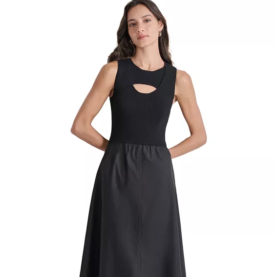A sleeveless DKNY dress with a sweetheart neckline cutout, fitted ribbed top, and a flowing black skirt.