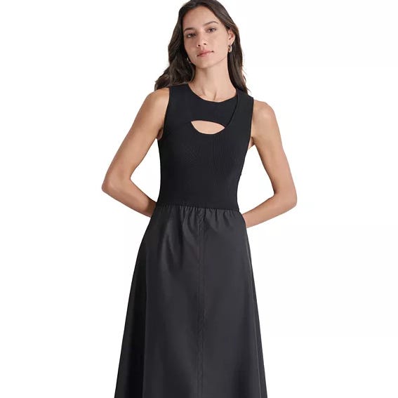 A sleeveless DKNY dress with a sweetheart neckline cutout, fitted ribbed top, and a flowing black skirt.