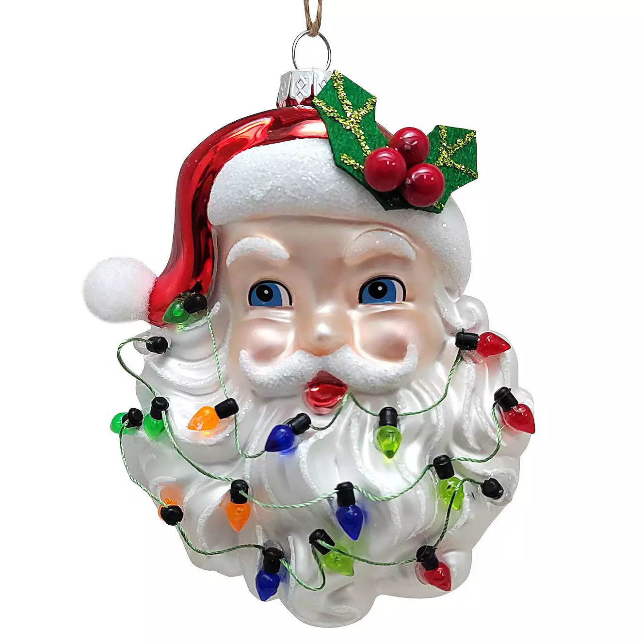 Santa ornament with a classic face, red hat adorned with holly, and beard wrapped in colorful Christmas lights.