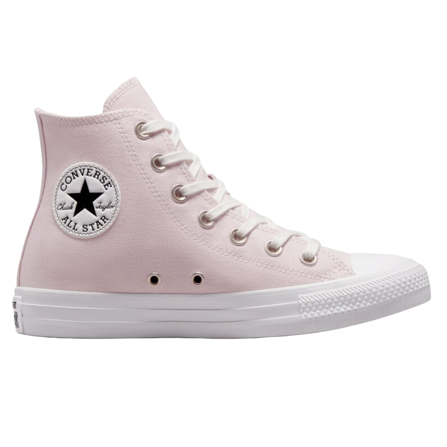 A pink Converse Chuck Taylor All Star high-top sneaker features a canvas upper with white laces, metal eyelets, and a white rubber sole. The iconic Converse All Star logo patch is embroidered on the side.