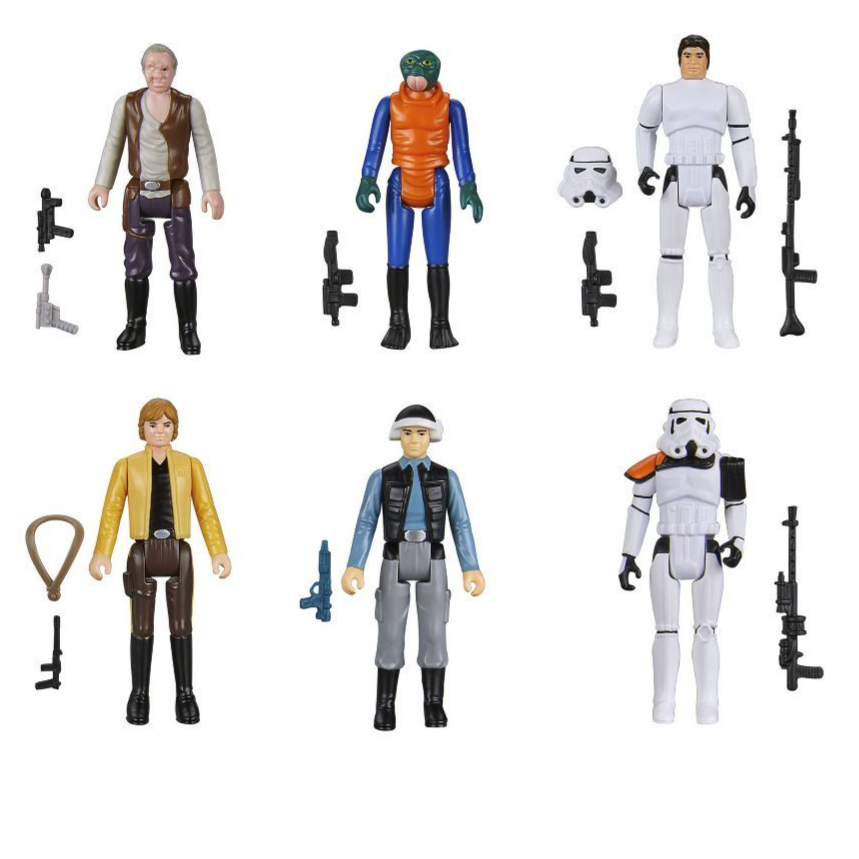 A set of six action figures with accessories, including characters in various outfits and two figures in stormtrooper armor. Each figure comes with weapons or small accessories.