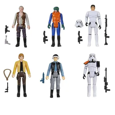 A set of six action figures with accessories, including characters in various outfits and two figures in stormtrooper armor. Each figure comes with weapons or small accessories.