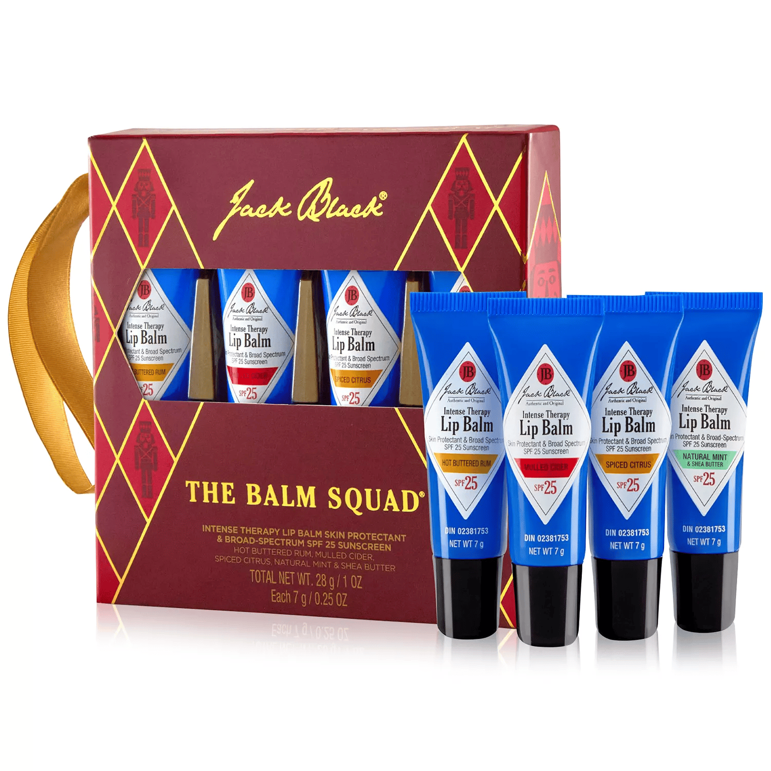 Jack Black \“The Balm Squad\“ includes four tubes of Intense Therapy Lip Balm with SPF 25 in flavors: Hot Buttered Rum, Spiced Citrus, and Natural Mint & Shea Butter. Each tube contains 7g (0.25 oz).