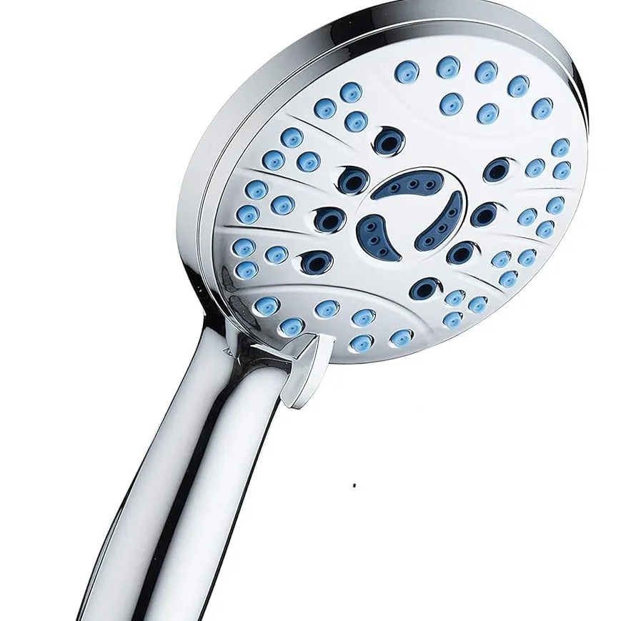 Handheld shower head with a chrome finish and multiple blue nozzles for water spray.