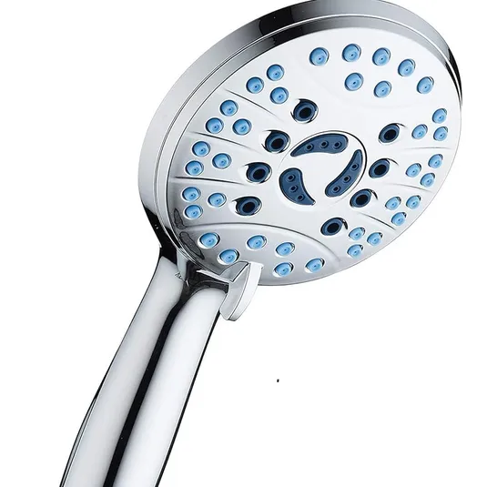 Handheld shower head with a chrome finish and multiple blue nozzles for water spray.