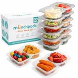 Munchpods snack containers, a 10-pack stack of seal-proof, dual-compartment packs, are displayed with various snacks like carrots, strawberries, cucumbers, tomatoes, cheese cubes, and colorful candies.