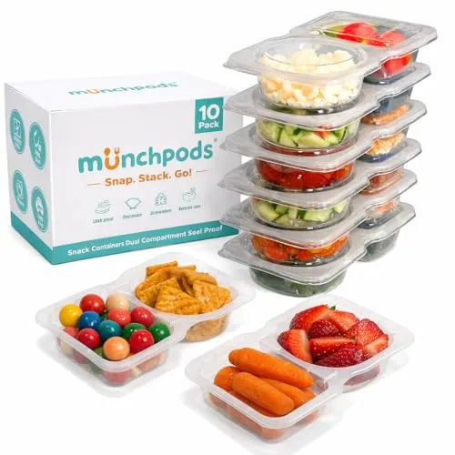 Munchpods snack containers, a 10-pack stack of seal-proof, dual-compartment packs, are displayed with various snacks like carrots, strawberries, cucumbers, tomatoes, cheese cubes, and colorful candies.