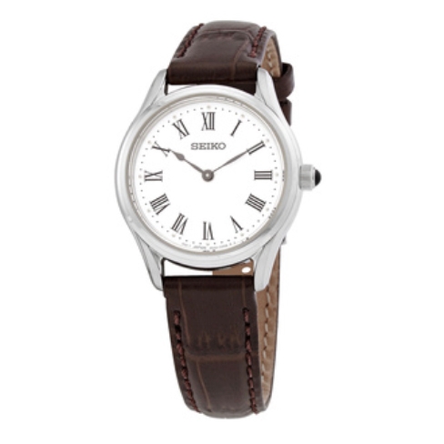 Seiko women's watch features a white dial with Roman numerals, a stainless steel case, and a brown leather strap.
