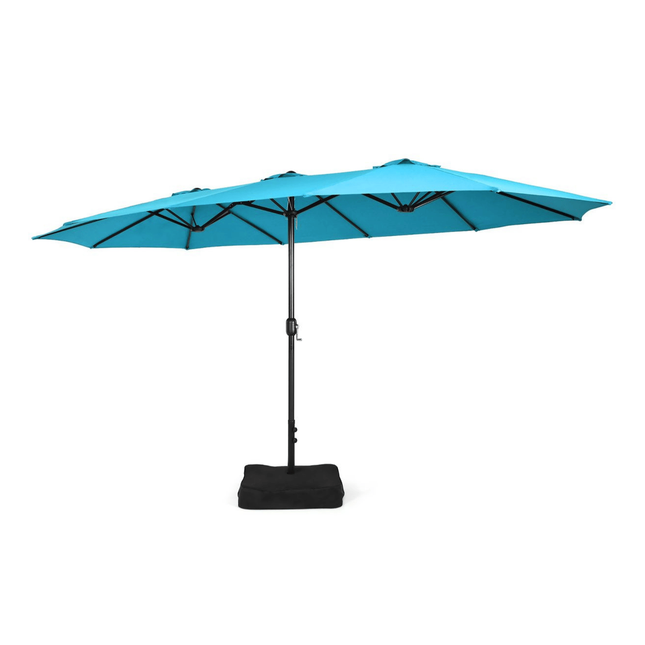 A turquoise rectangular patio umbrella with a black pole and crank handle, mounted on a black base.