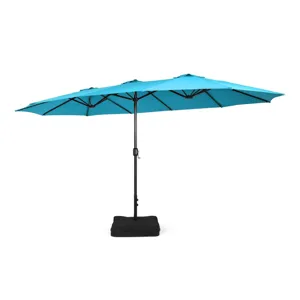 A turquoise rectangular patio umbrella with a black pole and crank handle, mounted on a black base.