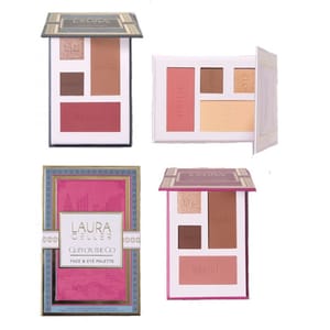 Laura Geller face and eye palettes in assorted colors, featuring blush, base, and shadow in compact packaging.