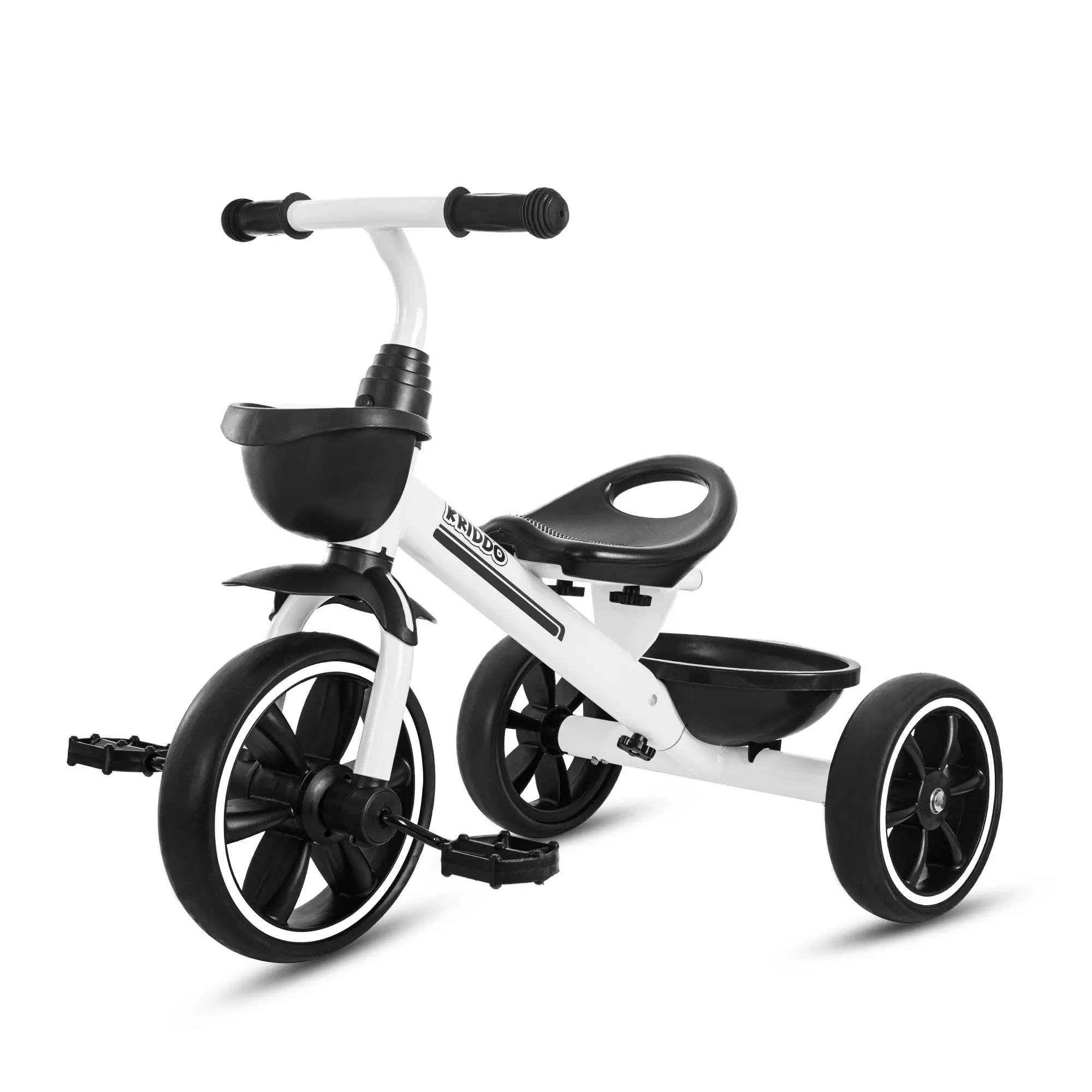 A white and black tricycle with a front basket, rear storage compartment, and pedals on the front wheel. Suitable for young children.