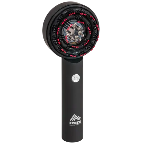 A black handheld light stick featuring a circular head with intricate detailing and red accents, featuring the RBW logo on its handle.
