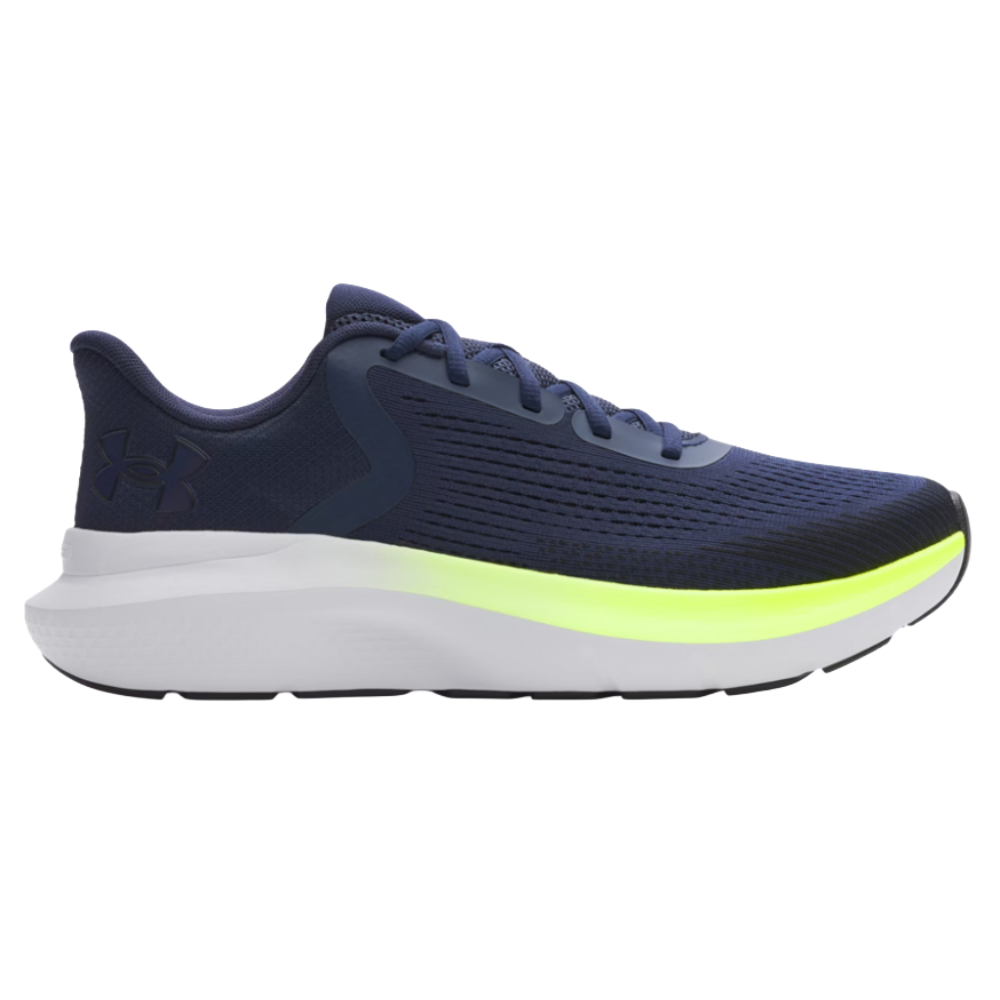 Navy blue athletic shoe with a white sole and neon yellow accent, featuring a low-cut design with lace-up closure.
