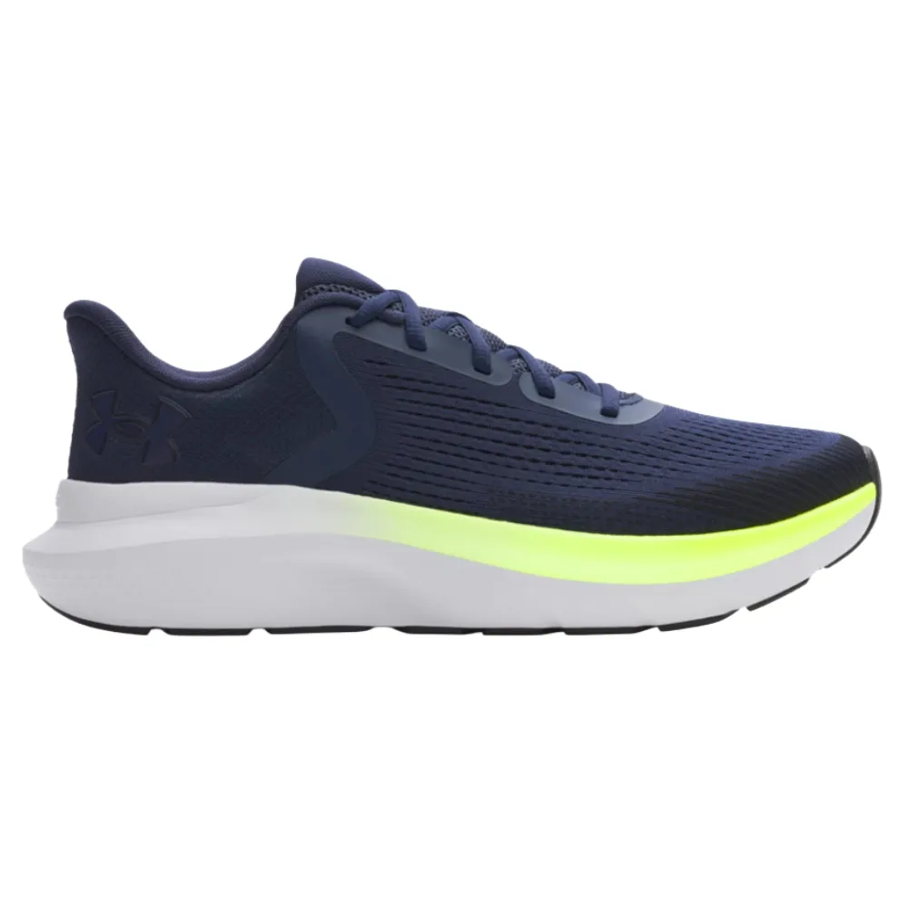 Navy blue athletic shoe with a white sole and neon yellow accent, featuring a low-cut design with lace-up closure.