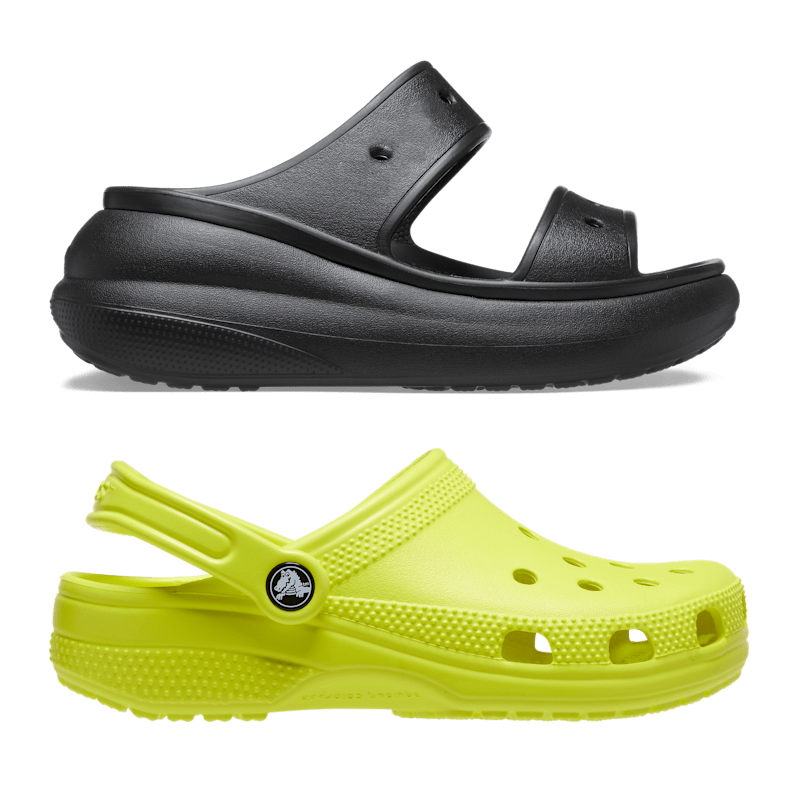 Two pairs of shoes are displayed: a black platform sandal on top and a yellow Crocs clog below.
