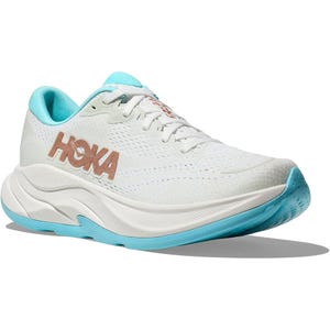 White Hoka Rincon 4 running shoes with light blue and tan accents, featuring a breathable mesh upper, logo on the side, and a cushioned sole for comfort and support.