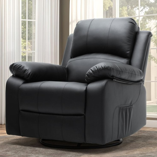 A black leather recliner chair with padded arms and a cushioned back, positioned near large windows with sheer curtains.