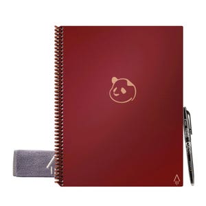 Red spiral-bound notebook with a subtle panda logo, accompanied by a black pen and a gray cloth.