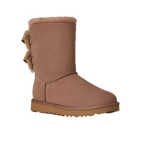 Brown mid-calf winter boot with a fur lining and two bows on the back, featuring a textured sole for grip.