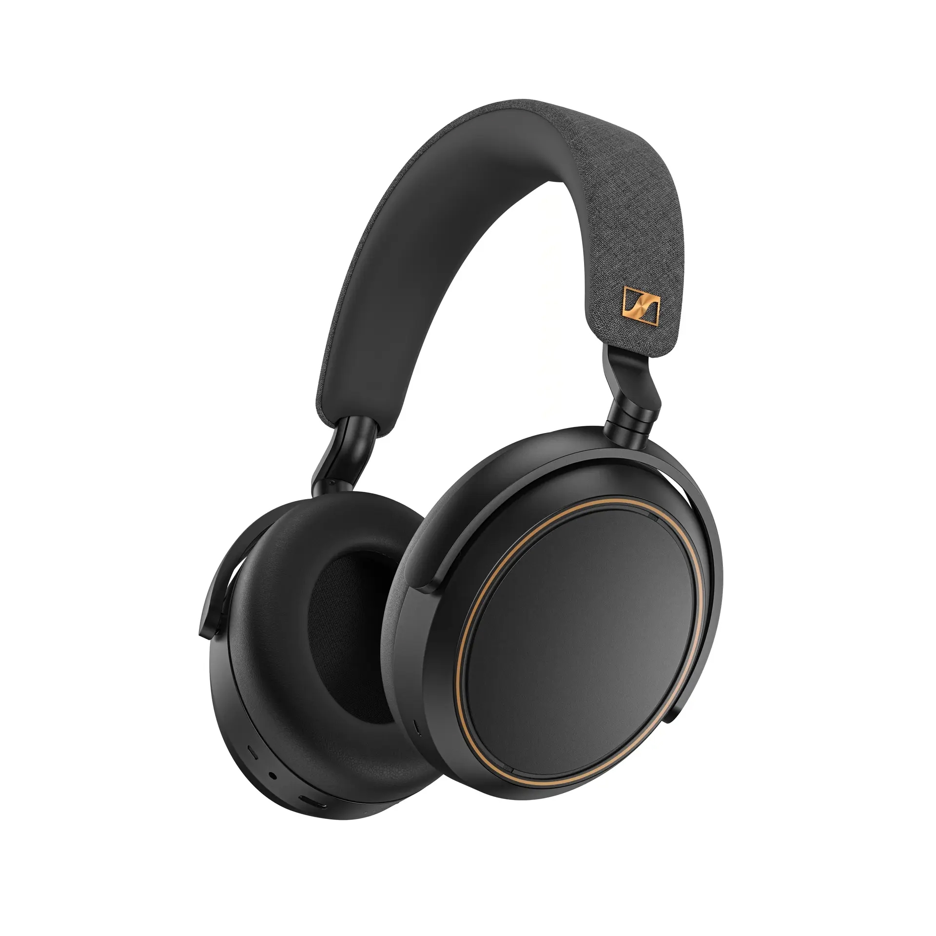 Refurbished Sennheiser ANC headphones in black with a fabric headband, featuring a sleek design with circular ear cups and subtle gold accents.
